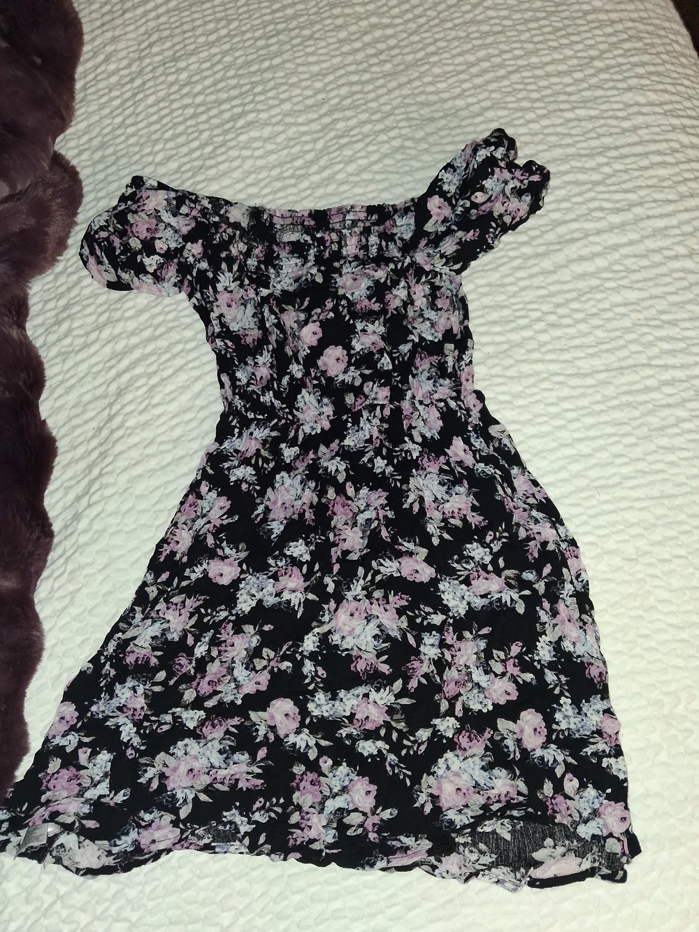 Wallflower Black Off-Shoulder Floral Dress with Pink Accents